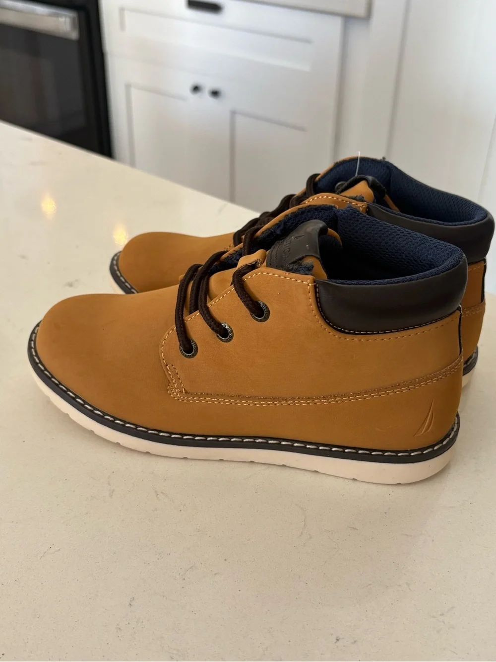 Nautica Kids Wheat/Tan Lace-Up Ankle Boots with Navy Collar
